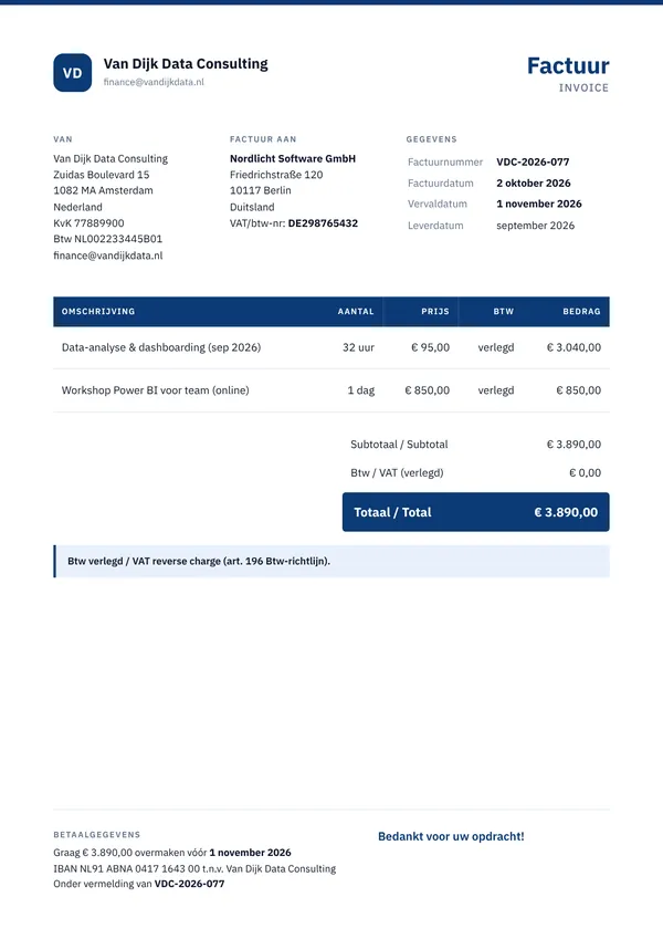 Voorbeeld factuur met btw verlegd aan een buitenlandse zakelijke klant in de EU, met btw-nummer van de afnemer en de vermelding VAT reverse charge