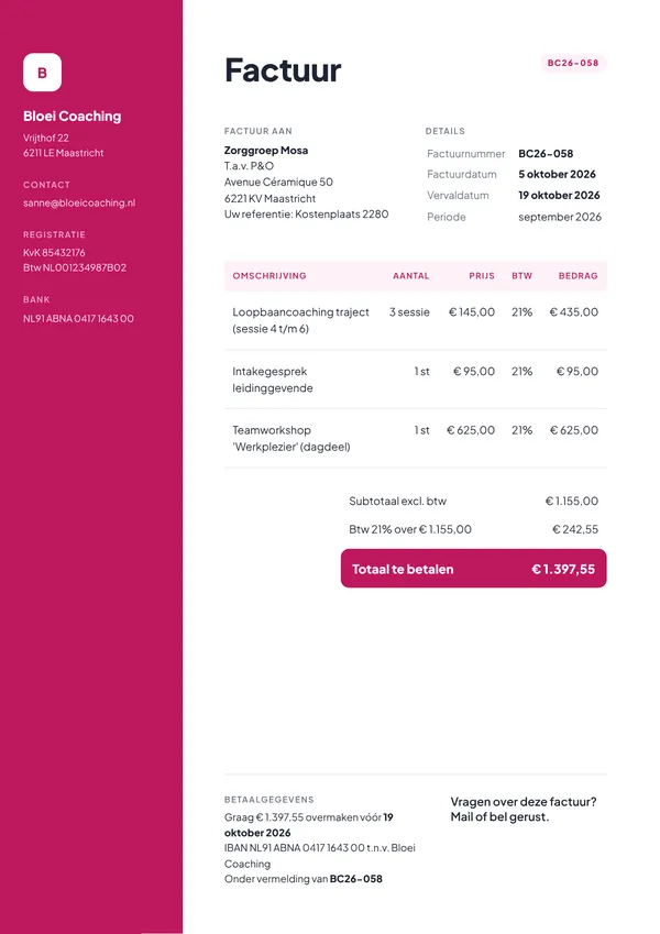 Voorbeeld factuur voor een coach of consultant met gekleurde zijbalk, coachingsessies, workshop, kostenplaats van de klant en 21% btw