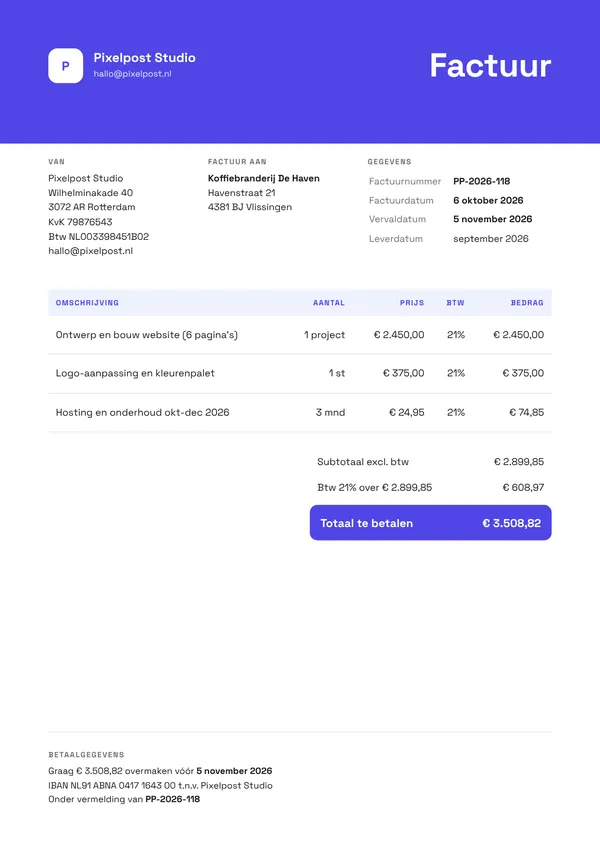 Voorbeeld factuur webdesigner met gekleurde kopbalk: website ontwerp, logo en hosting gefactureerd met 21% btw en een betaaltermijn van 30 dagen