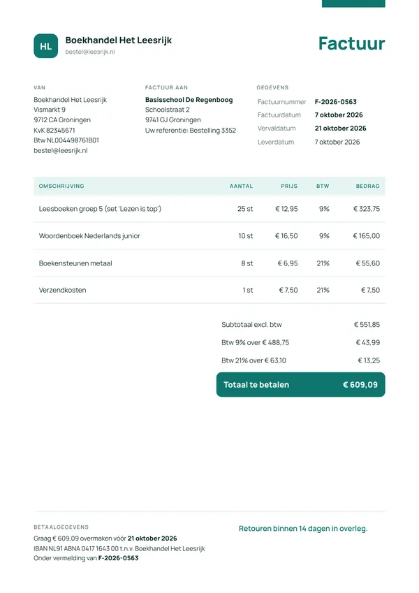 Voorbeeld factuur voor producten met twee btw-tarieven: boeken tegen 9% btw en overige artikelen tegen 21% btw, met btw per tarief apart uitgesplitst