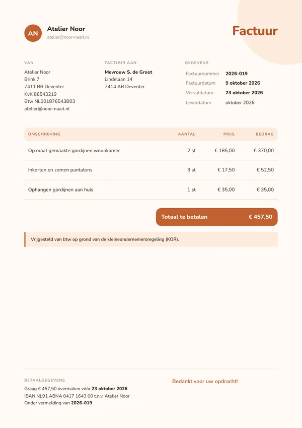 Voorbeeld factuur zonder btw onder de kleineondernemersregeling (KOR): geen btw-bedrag, alleen een totaal met de vermelding vrijgesteld van btw